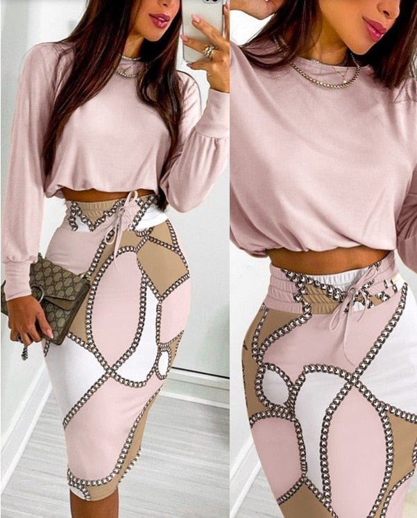 Midi Skirt Tshirt Set Women Two Piece Set