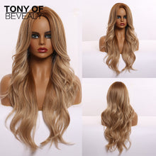 Load image into Gallery viewer, Long Wavy Brown to Light Blonde Ombre Hair Wigs Middle Part Natural Synthetic Wigs for Black Women Cosplay Heat Resistant Wigs