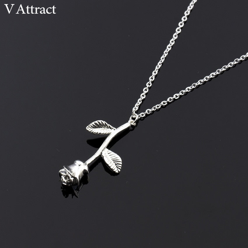 V Attract Collier Femme Stainless Steel Long Chain Collier Pink Rose Flower Statement Necklace Women Jewelry Maxi Choker