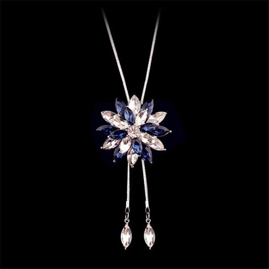 Snowflake Long Necklace Sweater Chain Fashion Fine Metal Chain Crystal Rhinestone Flower Pendant Necklaces Adjusted