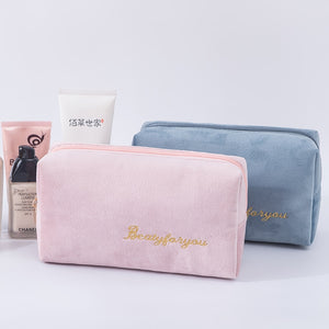 Women Cosmetic Bag Toiletries Tool Travel Organizer Solid Color Storage Easy carry Case Flannel Zipper Ladies Makeup Bag