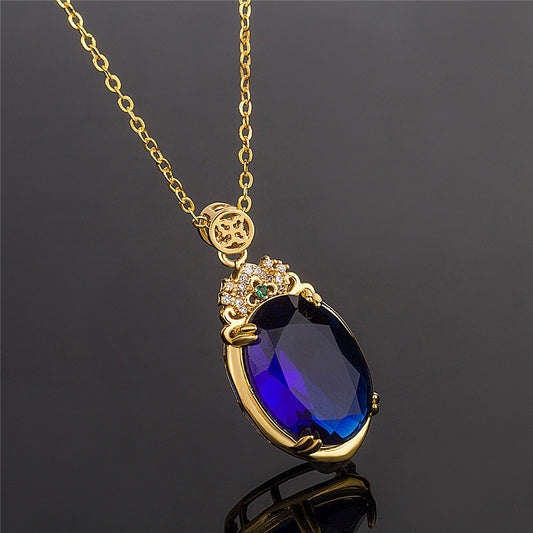 Vintage Carving Oval Sapphire Gemstones Blue Crystal Pendant Necklaces for Women 18k Gold Color Diamonds Choker Jewelry