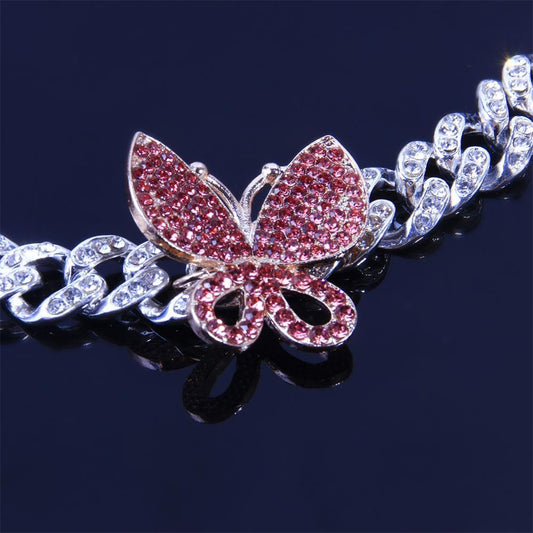 Pink Cuban Link Butterfly Choker Necklace Chain Crystal Rhinestone Chokers Necklaces