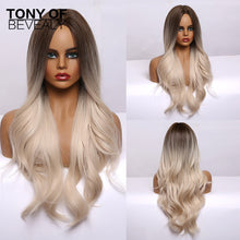 Load image into Gallery viewer, Long Wavy Brown to Light Blonde Ombre Hair Wigs Middle Part Natural Synthetic Wigs for Black Women Cosplay Heat Resistant Wigs
