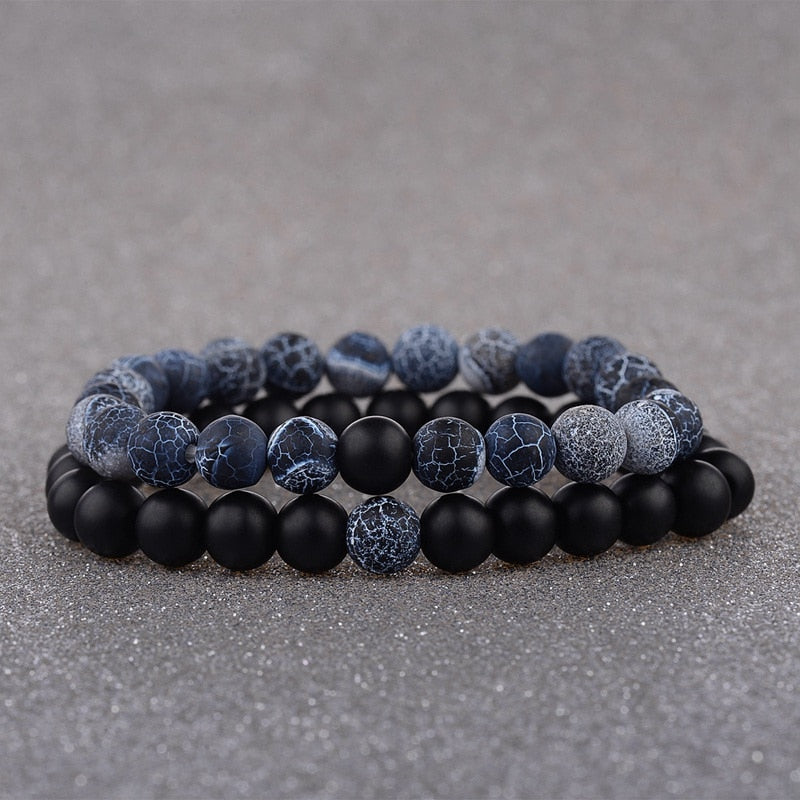 2pcs/set Weathered Stone Beaded Couple Bracelet Classic MoonStone Lovers Bracelet