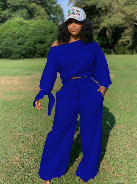 Long Sleeve Sexy Off Shoulder Crop Top Wide Leg Pants Two Piece Set lounge wear Casual Fashion Tracksuit Outfit