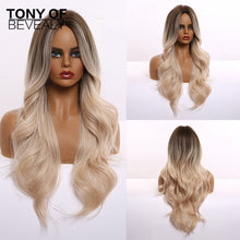 Load image into Gallery viewer, Long Wavy Brown to Light Blonde Ombre Hair Wigs Middle Part Natural Synthetic Wigs for Black Women Cosplay Heat Resistant Wigs