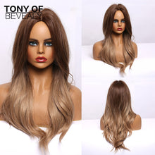 Load image into Gallery viewer, Long Wavy Brown to Light Blonde Ombre Hair Wigs Middle Part Natural Synthetic Wigs for Black Women Cosplay Heat Resistant Wigs