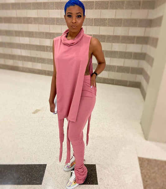 Women Clothing Sleeveless Sexy Lace-up Pile Pants Two-Piece Suit for Women