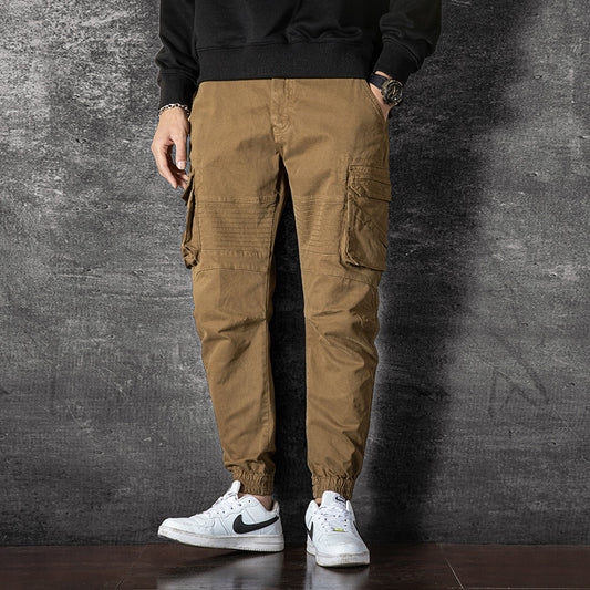 Men's washed solid color multi pocket sports and leisure cargo pants