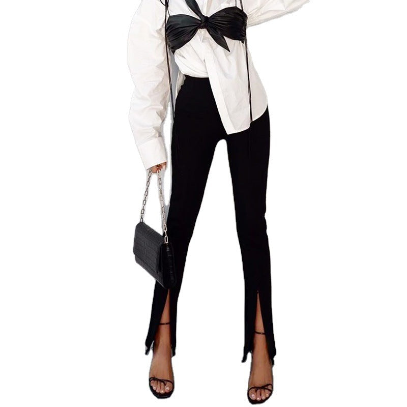New Women Clothing Solid Color Slim High Waist Fashion Split Casual Straight Pants Women
