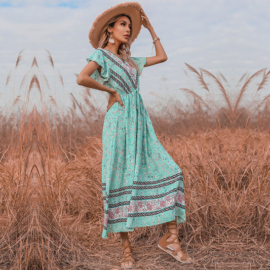 V-neck Short Sleeve Lace Up Dress
