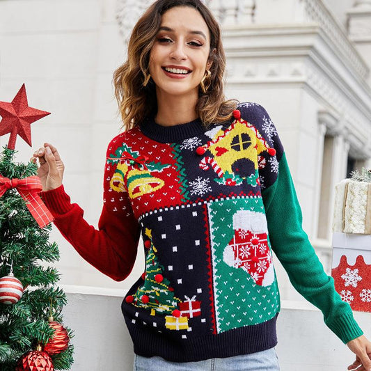 #Christmas# Long Sleeve Round Neck Pullover Sweater Festival