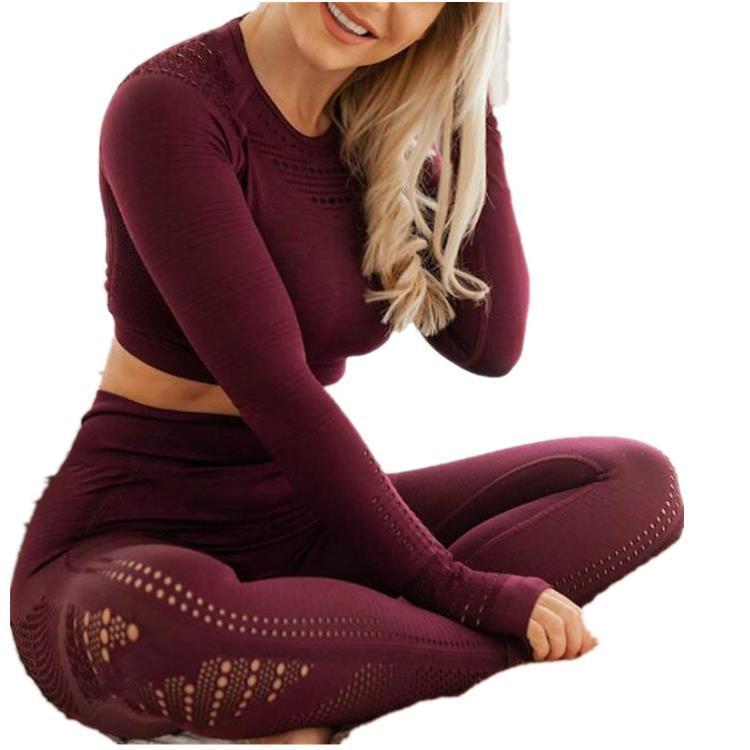 Fitstyle Women's Yoga hollow out top pants elastic thin long sleeve quick drying women's Capris two-piece suit