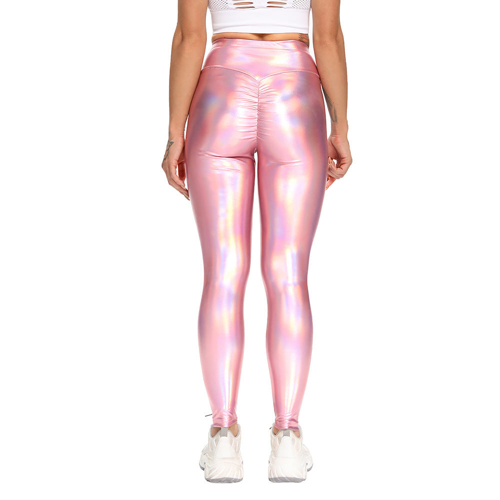 pink colorful laser Leather Elastic Yoga Pants sexy hip lifting high waist Yoga Pants