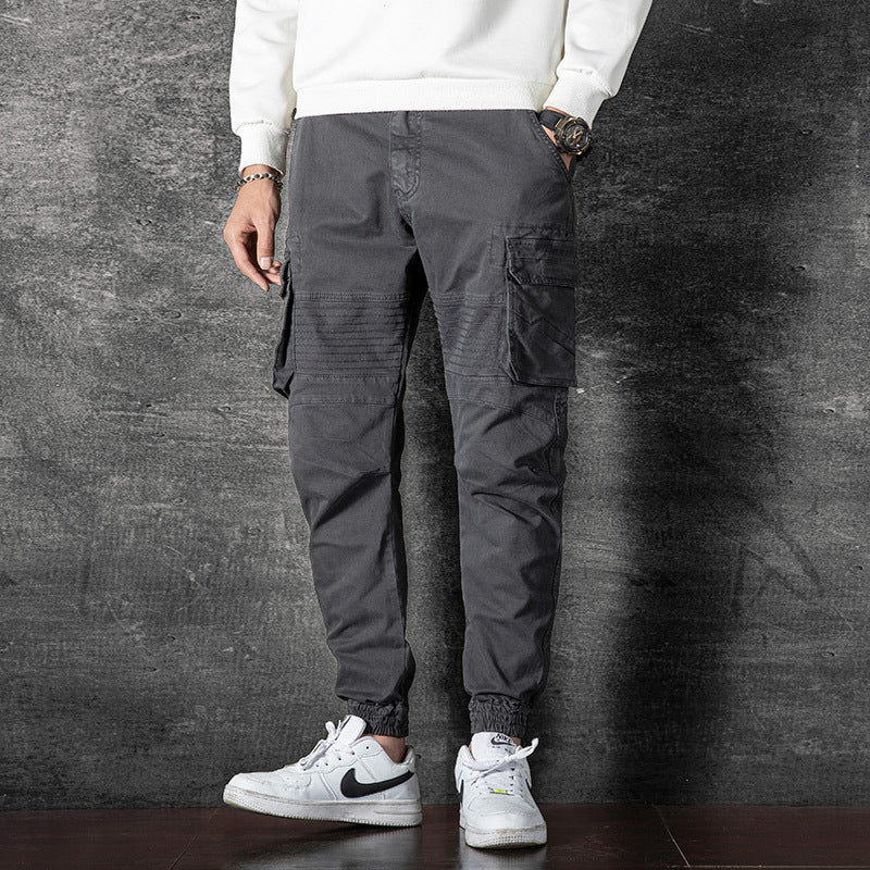 Men's washed solid color multi pocket sports and leisure cargo pants