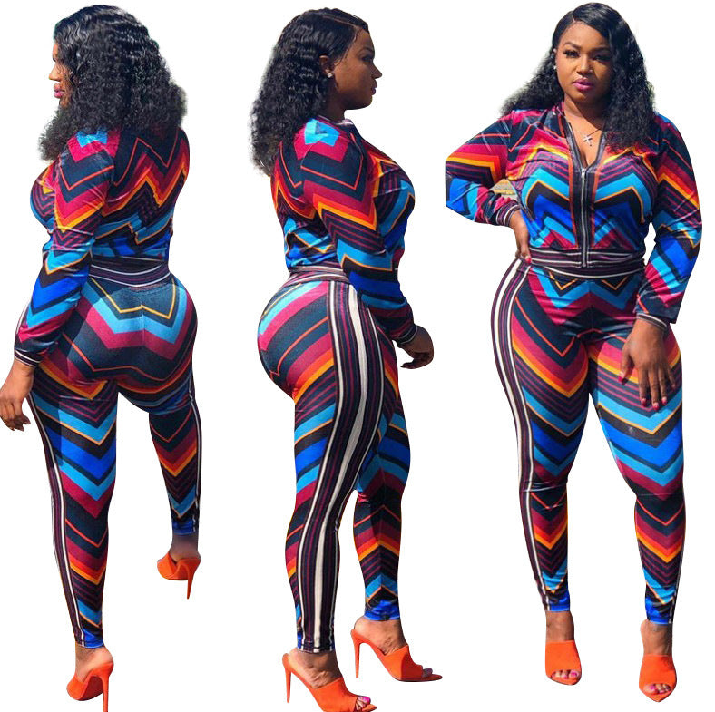 Autumn and Winter New Women Fashion Sexy Sports Stripes Contrast Color Two-Piece Set