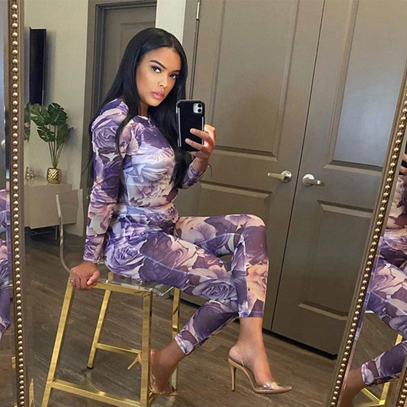 Fitstyle ( as seen worn by Some Celebrities) New Long-Sleeved Printed Top Hip Lift Leggings Suit Yoga Clothes