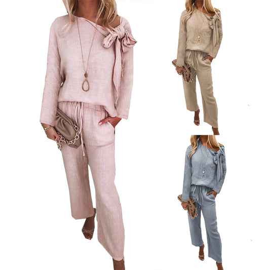 Autumn New Hot Loose Casual Lace up Knotted Long Sleeve Trousers Suit Women