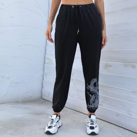 New Pants Black printing drawstring nine legged pants women
