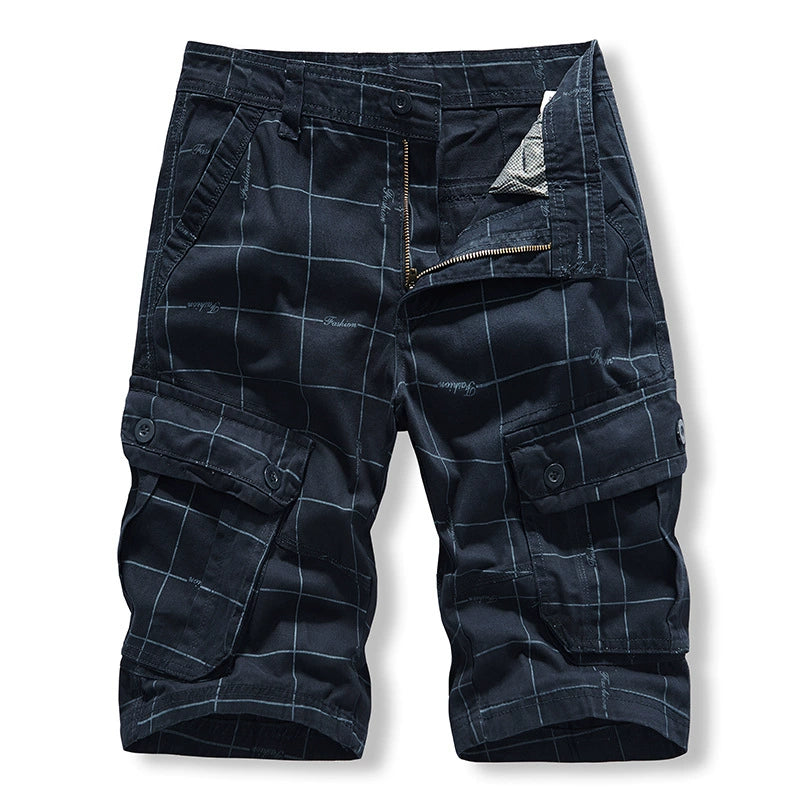 Work wear shorts: Men's middle-aged and old-age sports washed pure cotton pants, lattice Multi Pocket six point casual pants