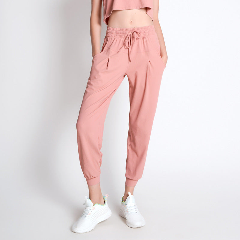 Fitstyle Antibacterial Sports Casual Pants Women Quick-Drying Loose Tappered Running Fitness Solid Color Pocket High Waist Yoga Pants