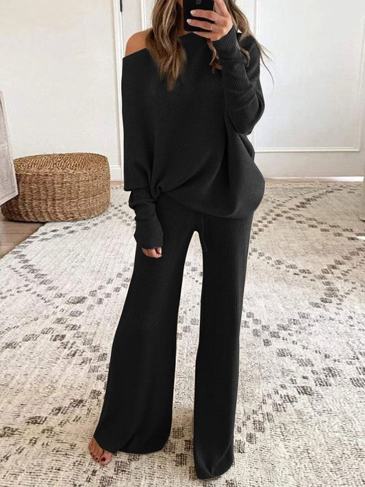 New Women Solid Color round Neck Long Sleeve Casual Two-Piece Suit Suit