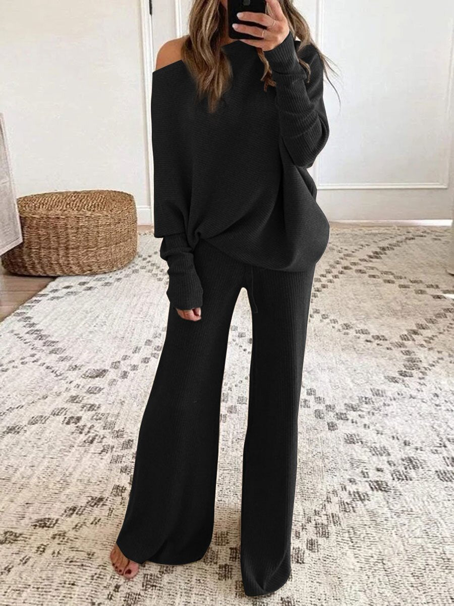 New Women Solid Color round Neck Long Sleeve Casual Two-Piece Suit Suit