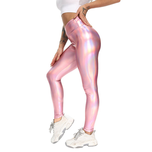 pink colorful laser Leather Elastic Yoga Pants sexy hip lifting high waist Yoga Pants