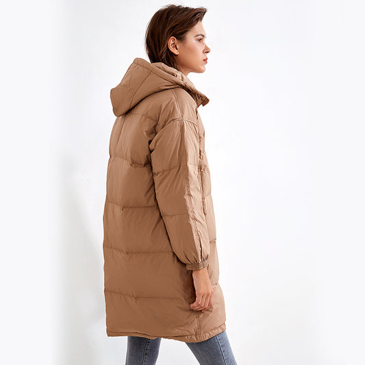 Urban leisure Hunting black zipper outdoor thickened Brown medium length hooded down jacket