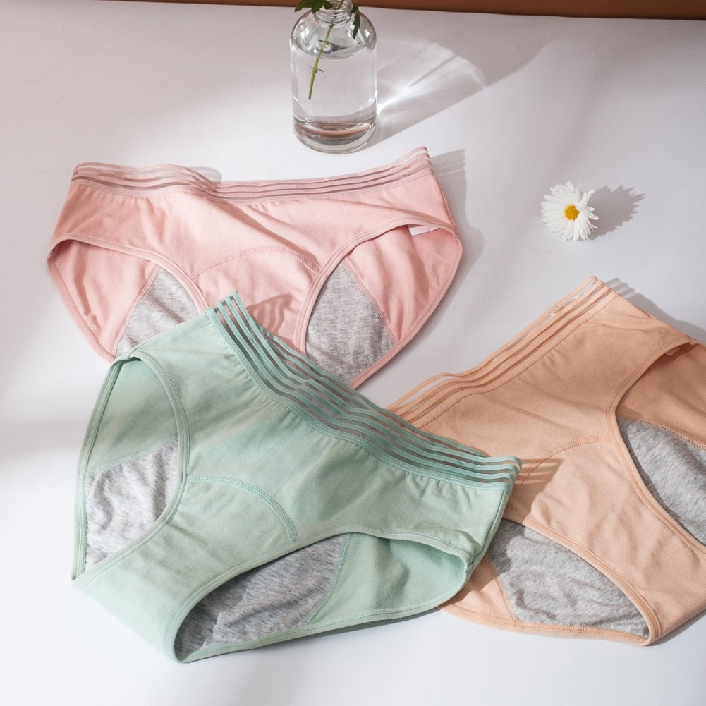 Women Leak Proof Panties Leak Proof Period Soft Cotton Mid-waist Underwear Threaded Seamless Brief Solid Color Underpants