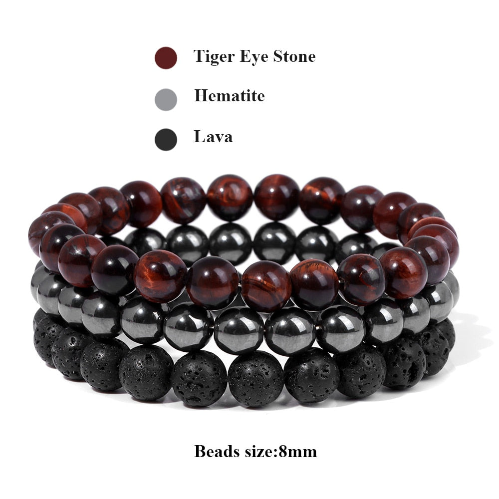 WAVE LENGTH Bracelets 8mm Natural Stone Bracelet Set 3Pcs/set Rhodonite Rose Pink Quartzs Moonstone Amethysts Hematite Bracelets For Women Men Jewelry