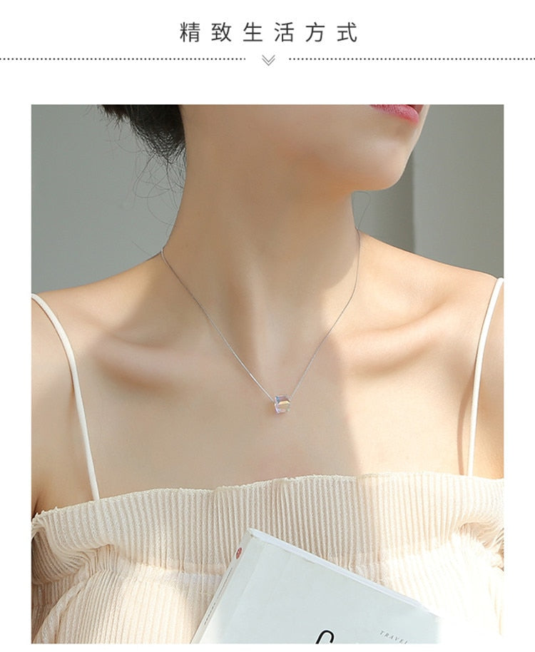 Swarovski Simple Temperament Aurora Borealis Cube Necklace Female Style Chic and Unique Square Pendant Crystal Necklace Clavicle