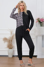 Load image into Gallery viewer, Leopard Round Neck Top and Drawstring Pants Lounge Set