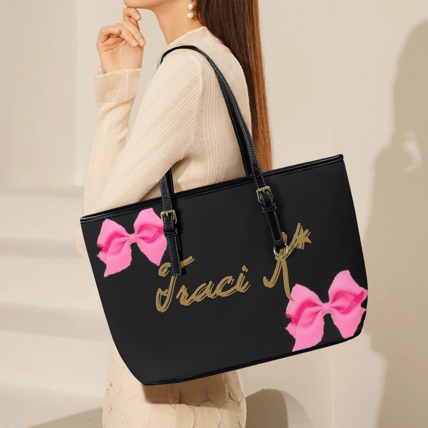Traci K Fashion Week Exclusive Leather Bow Tote Leather Tote Bag-Large (Front&Back Printing) (1651)
