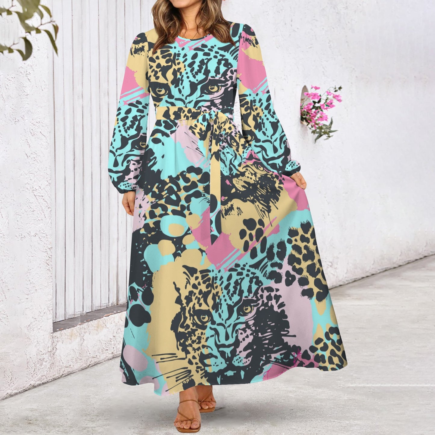 Traci K* Abstract Leopard Pattern Long Sleeve Dress Round Neck Long Sleeve Belted Maxi Dress