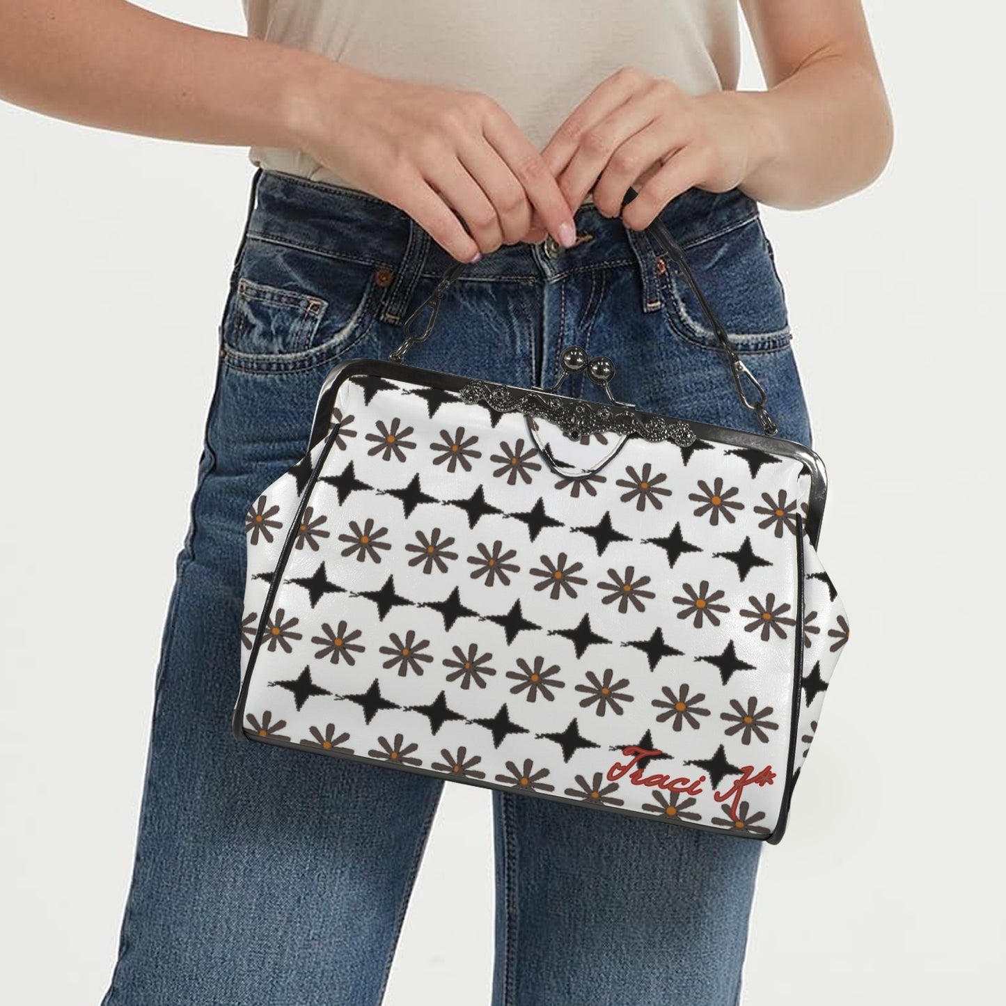 Traci K Signatured Patterned Brown / Red KissLock Bag Kisslock Crossbody Shoulder Bag (Model 1752)