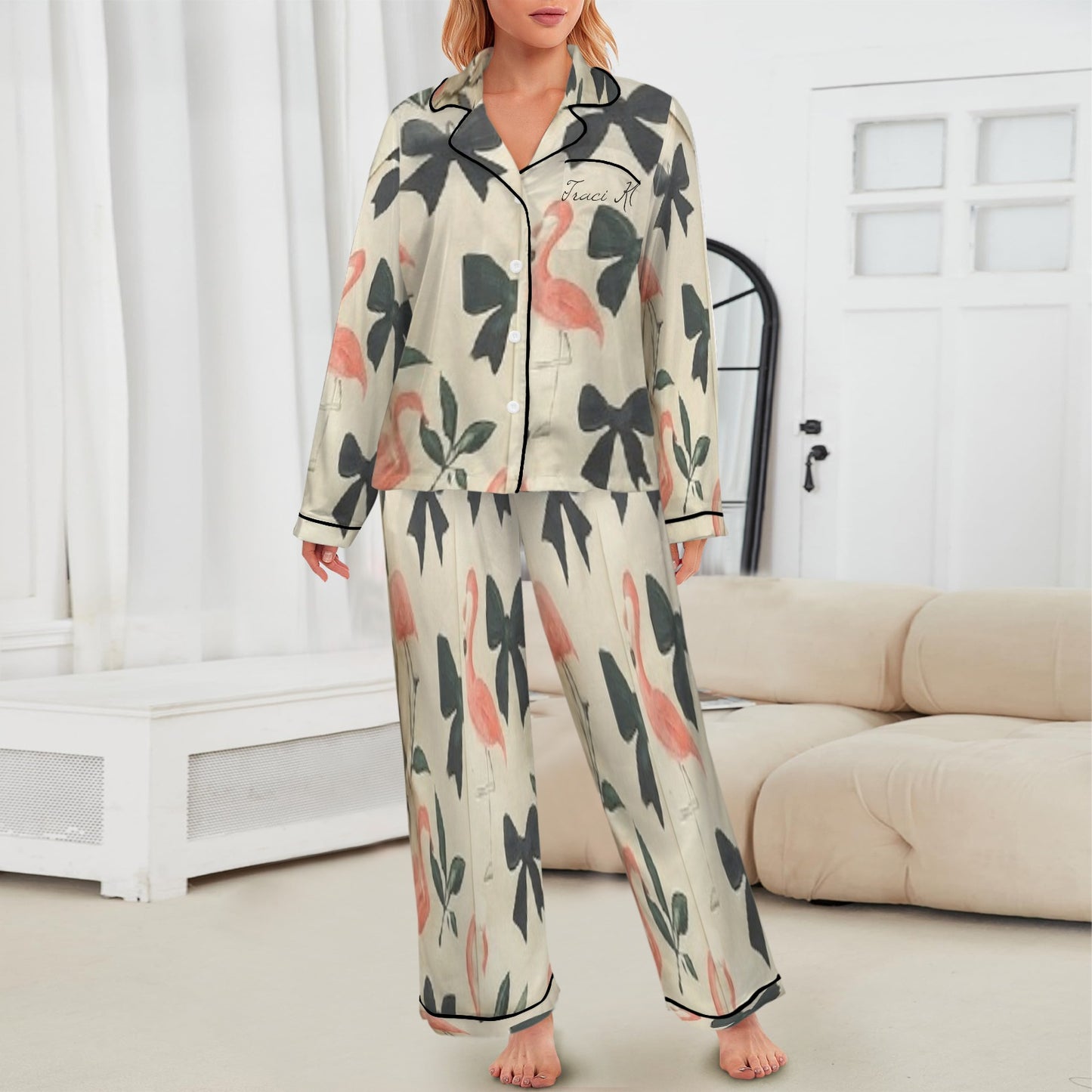 Traci K Designer Put a Bow On It PJ Satin Set 2 Women's Long Sleeve Satin Pajama Set