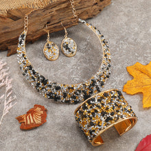 Load image into Gallery viewer, 22K Gold Plated Jewelry Set With Choker Necklace &amp; Drop Earrings &amp; Open Cuff Bangle Bracelet Inlaid Colorful Rhinestone
