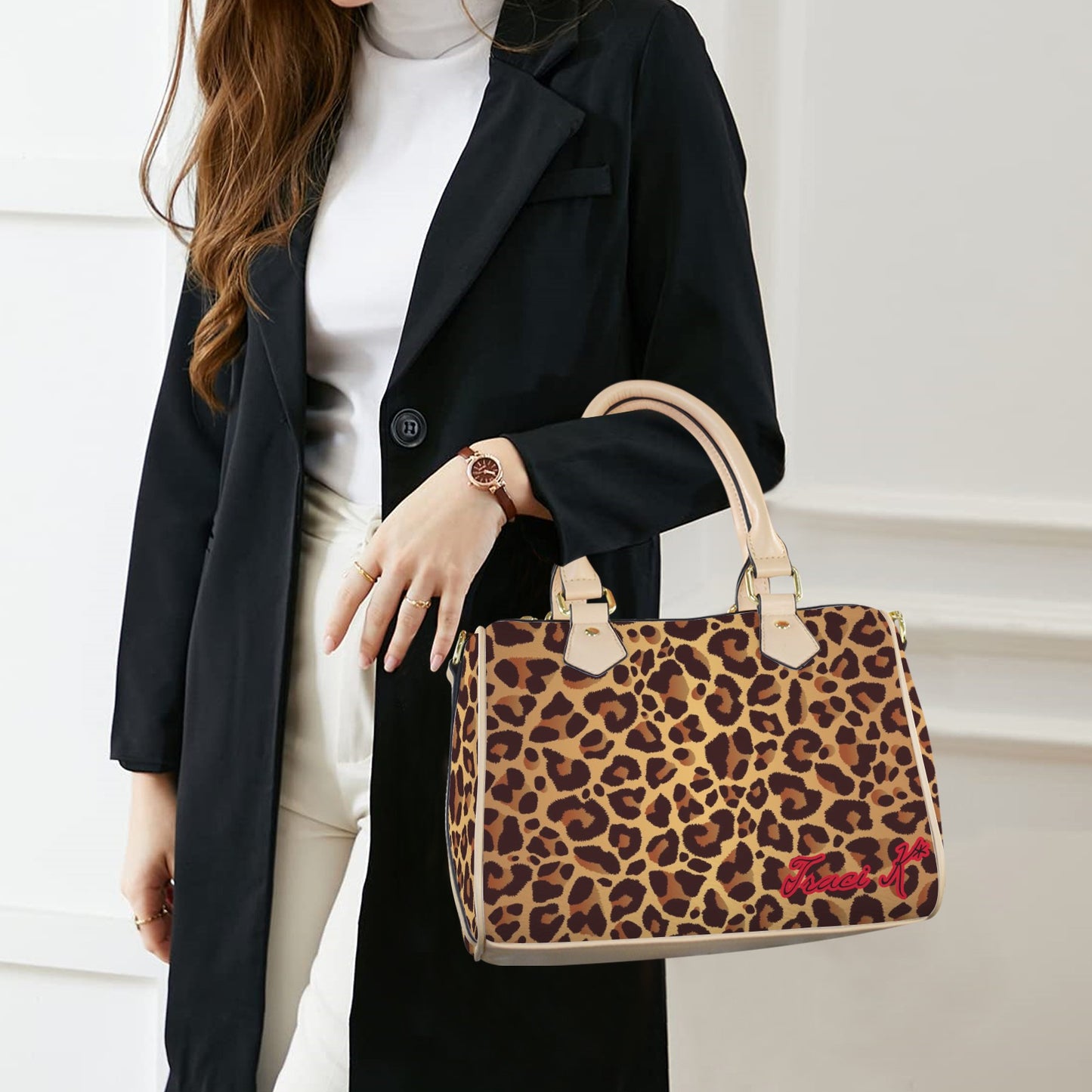 Traci K SIgnatured Designer Leopard Pattern Boston Bag Boston Leather Handbag-Small & Khaki (Model 1749)