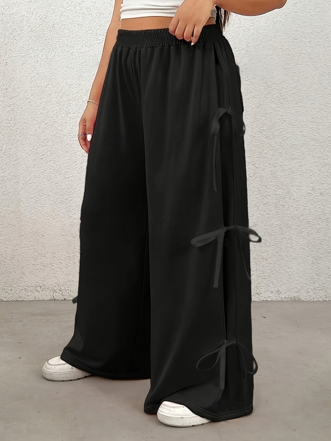 Plus Size Bow Elastic Waist Wide Leg Pants