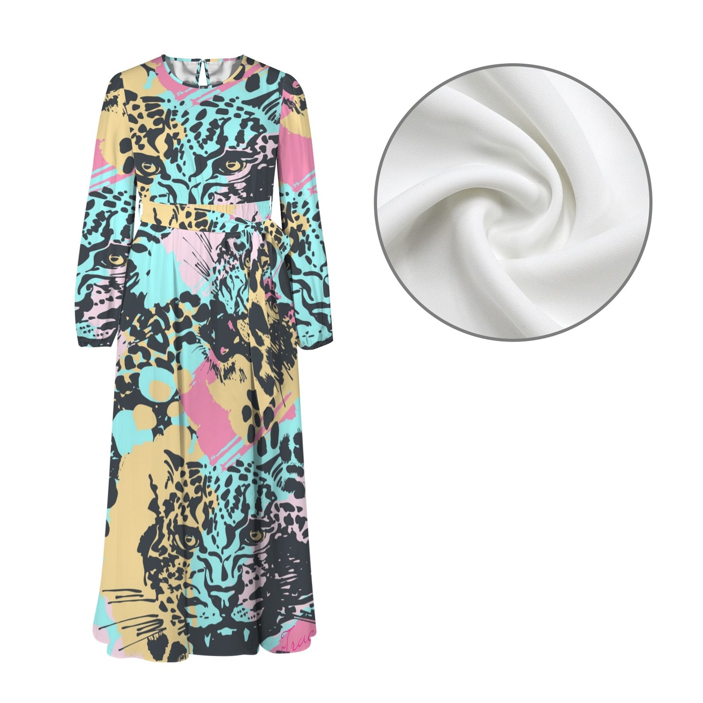 Traci K* Abstract Leopard Pattern Long Sleeve Dress Round Neck Long Sleeve Belted Maxi Dress