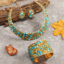 Load image into Gallery viewer, 22K Gold Plated Jewelry Set With Choker Necklace &amp; Drop Earrings &amp; Open Cuff Bangle Bracelet Inlaid Colorful Rhinestone
