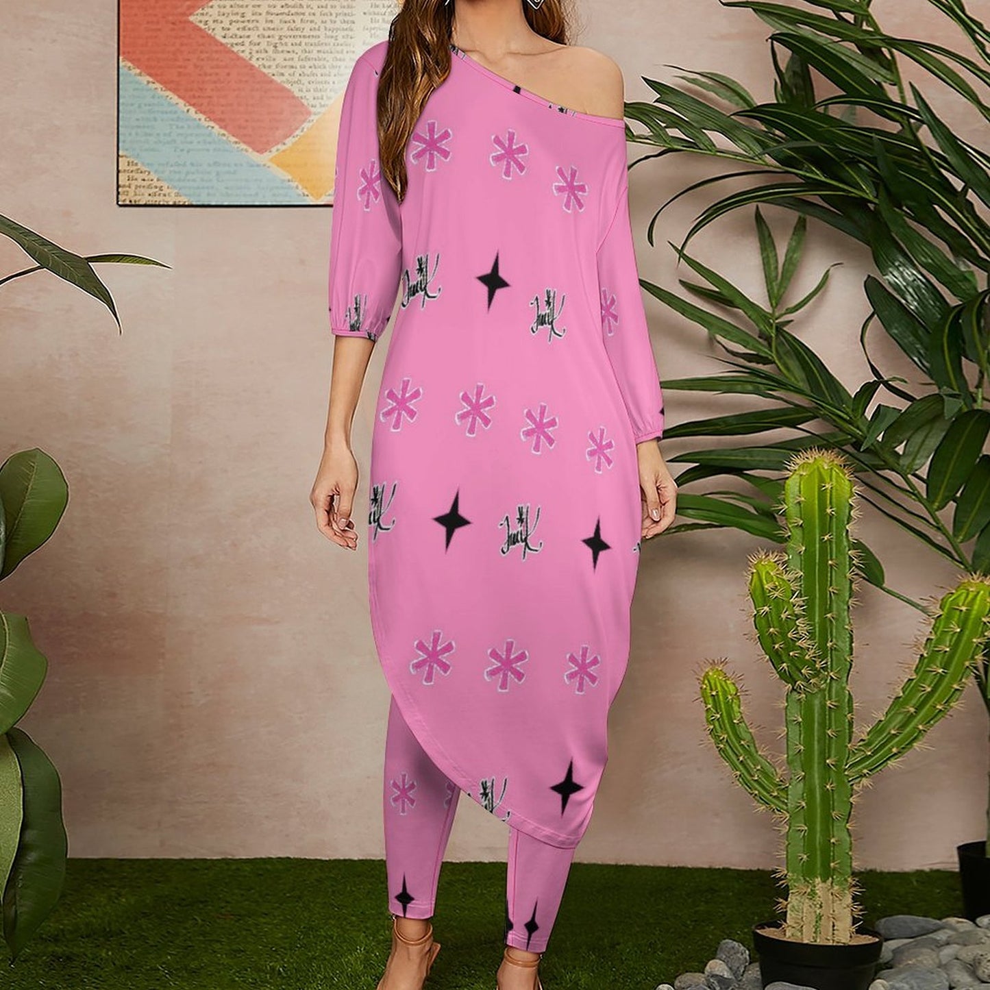 Traci K Pink Patterned Signatured Diagonal shoulder two piece set Women's Off Shoulder Two-piece Set