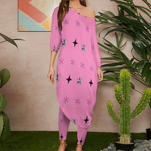 Traci K Pink Patterned Signatured Diagonal shoulder two piece set Women's Off Shoulder Two-piece Set
