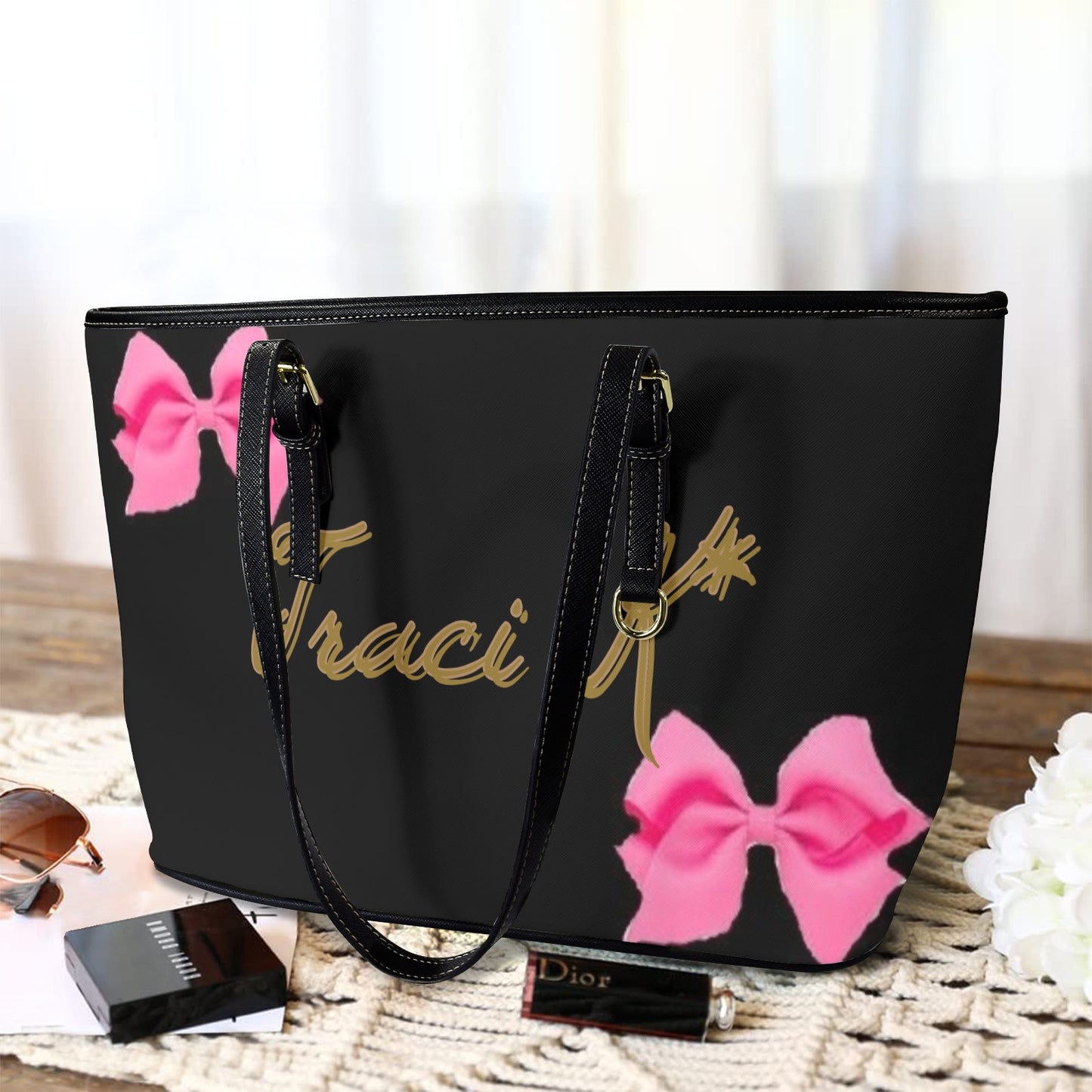 Traci K Fashion Week Exclusive Leather Bow Tote Leather Tote Bag-Large (Front&Back Printing) (1651)