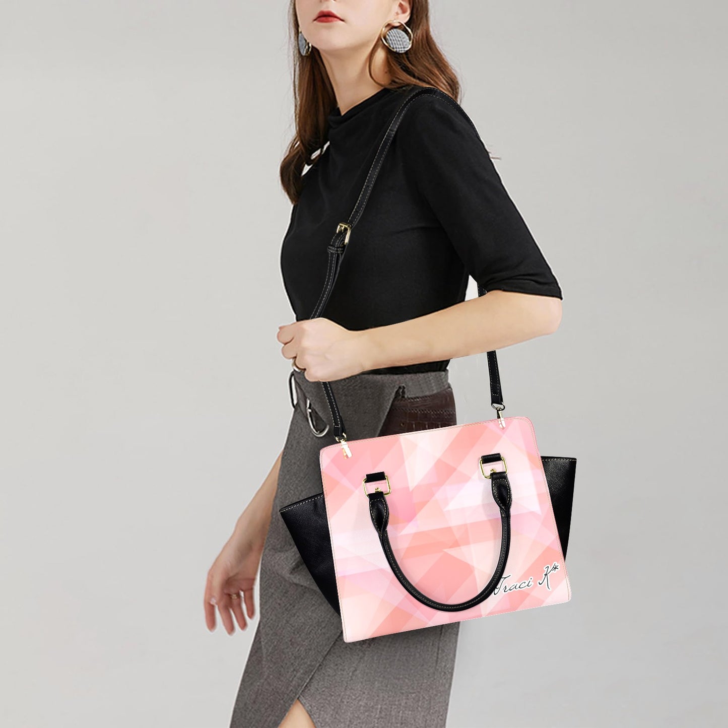 Traci K Designer Pink Shimmer Handbag Black Shoulder Handbag-New (1653)