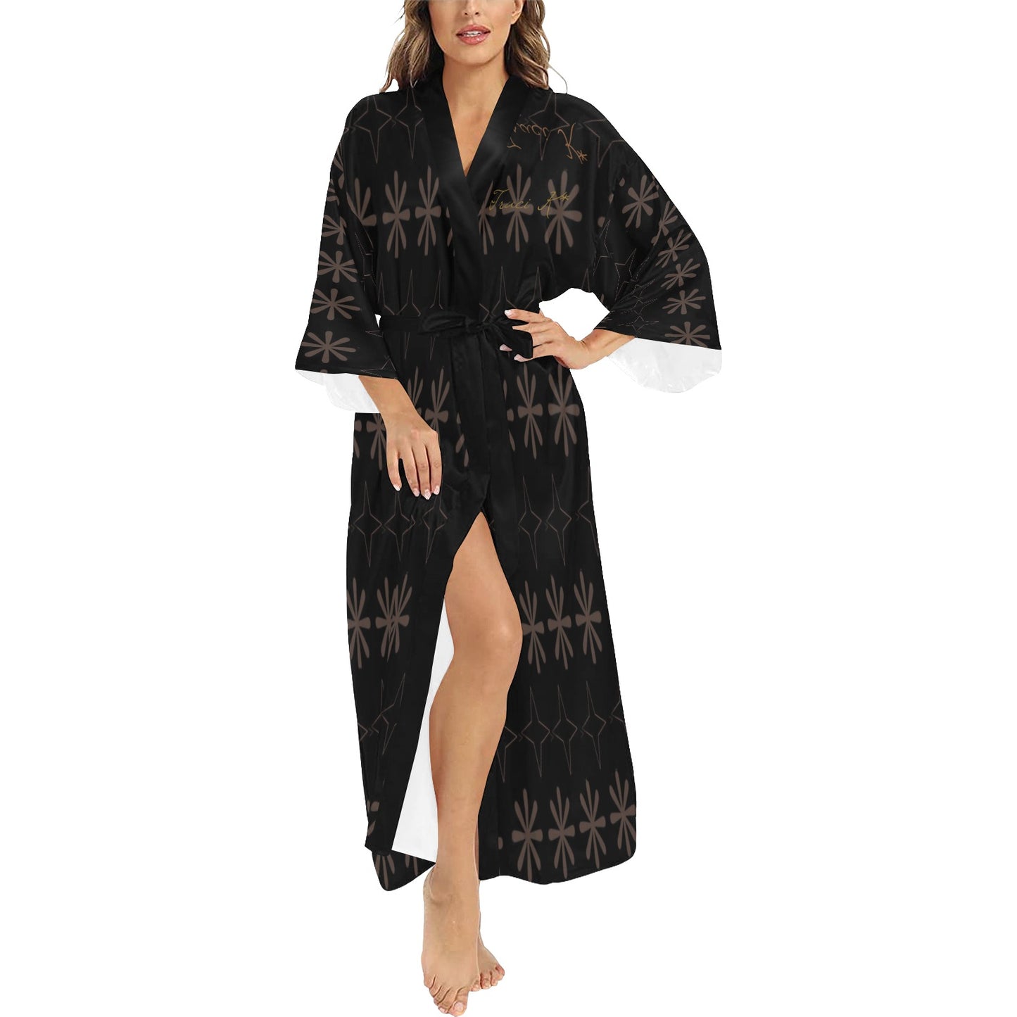Traci K* Designer Pattern Long Kimono Robe Black Long Kimono Robe