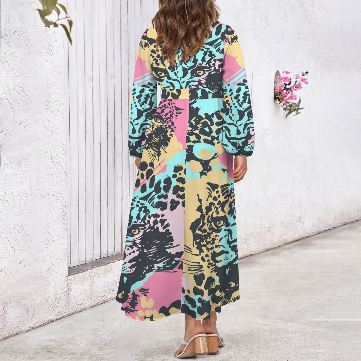 Traci K* Abstract Leopard Pattern Long Sleeve Dress Round Neck Long Sleeve Belted Maxi Dress