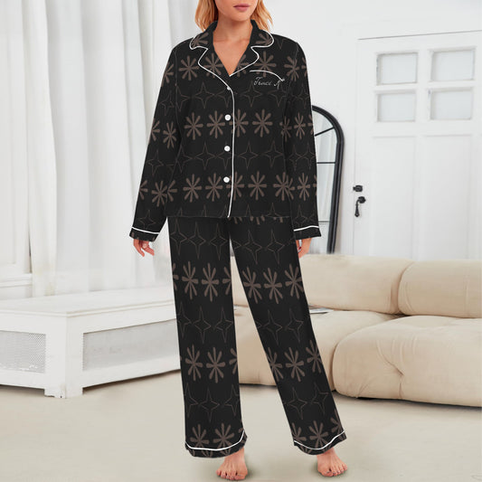 Traci K* Signature Pattern Satin Loungewear Black Women's Long Sleeve Satin Pajama Set